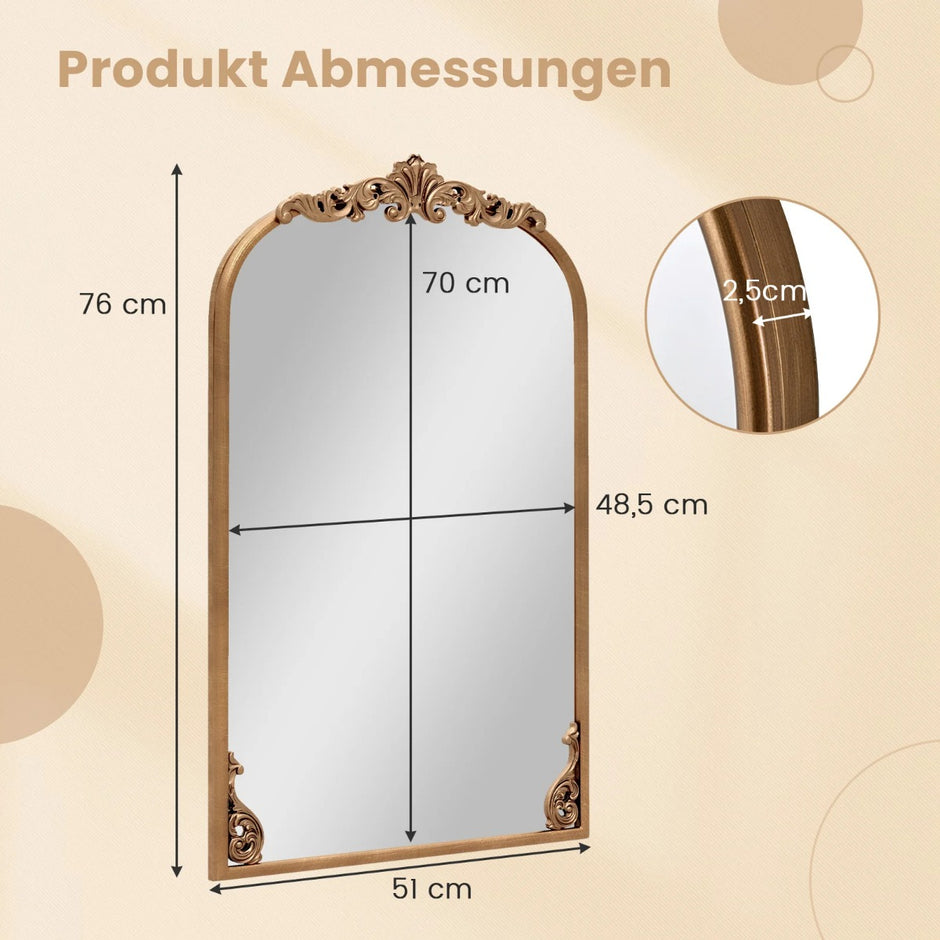 Väggspegel – Guldfärgad traditionell vintagebarockspegel med metallram Antik bågspegel – 76 cm x 51 cm – Guld