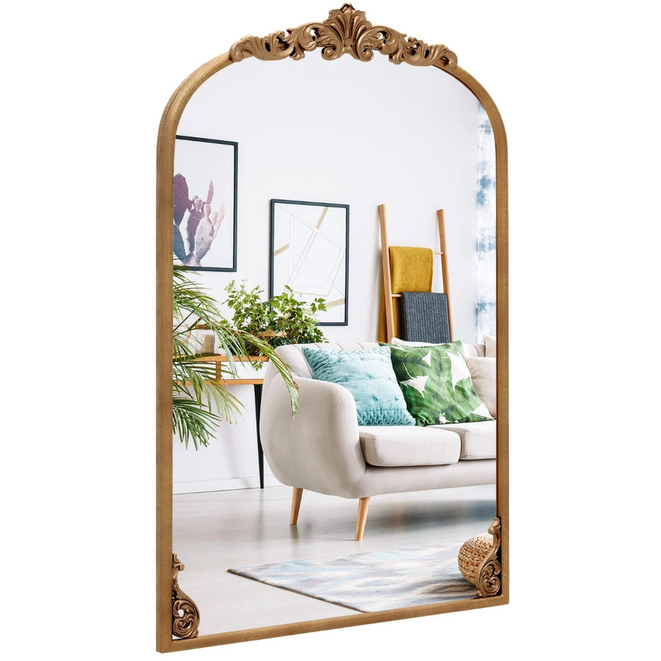Väggspegel – Guldfärgad traditionell vintagebarockspegel med metallram Antik bågspegel – 90 cm x 61 cm – Guld