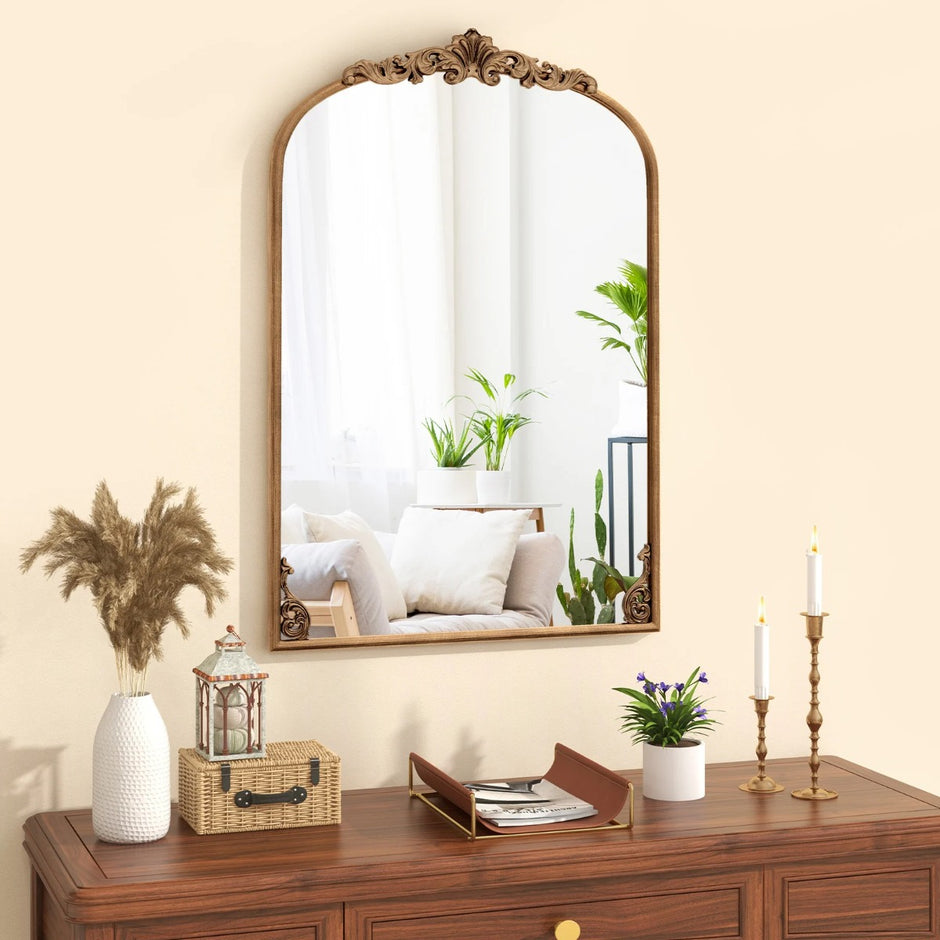 Väggspegel – Guldfärgad traditionell vintagebarockspegel med metallram Antik bågspegel – 90 cm x 61 cm – Guld