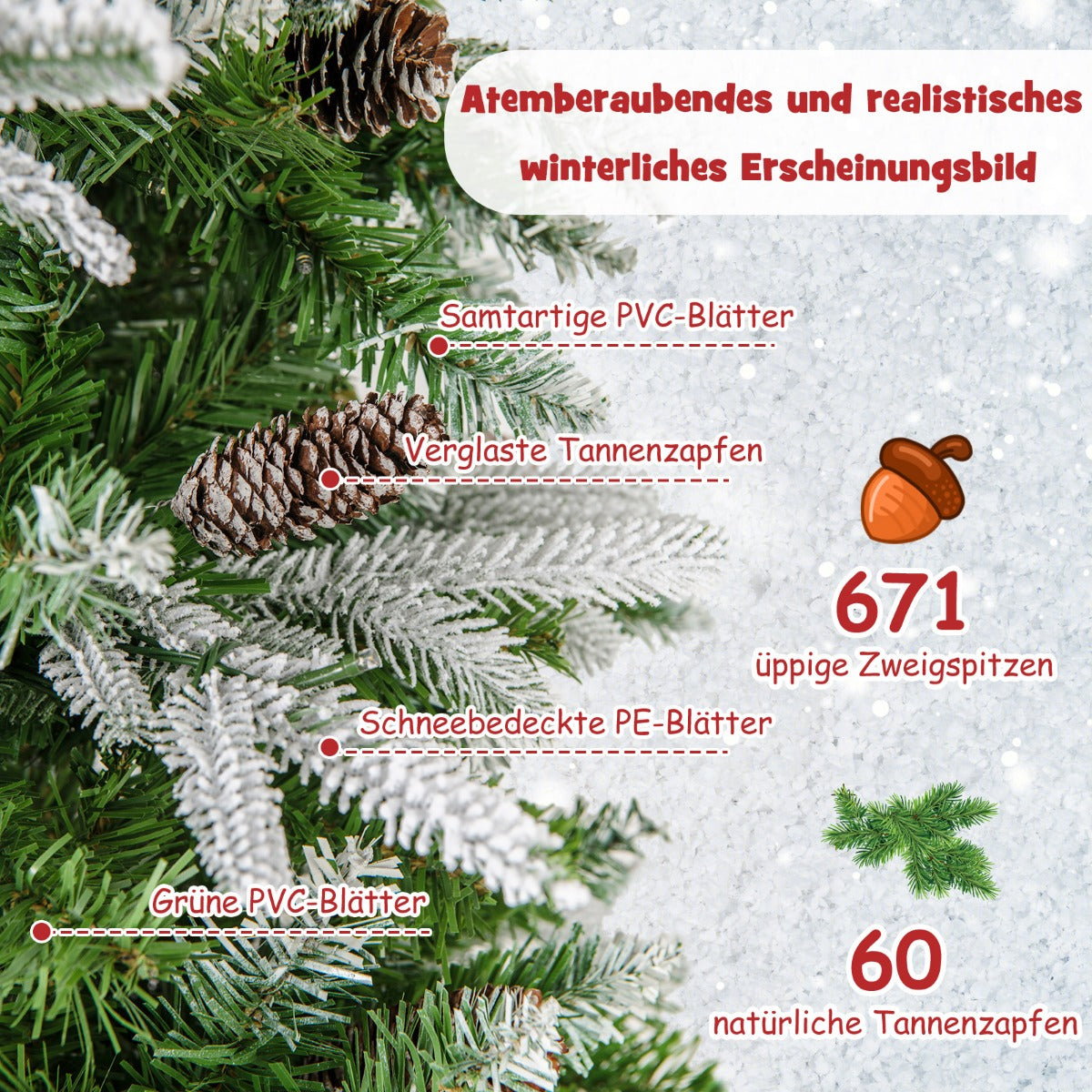 Konstgjord – julgran med ljus och snö jul för hem +vit – 190 cm – Grön