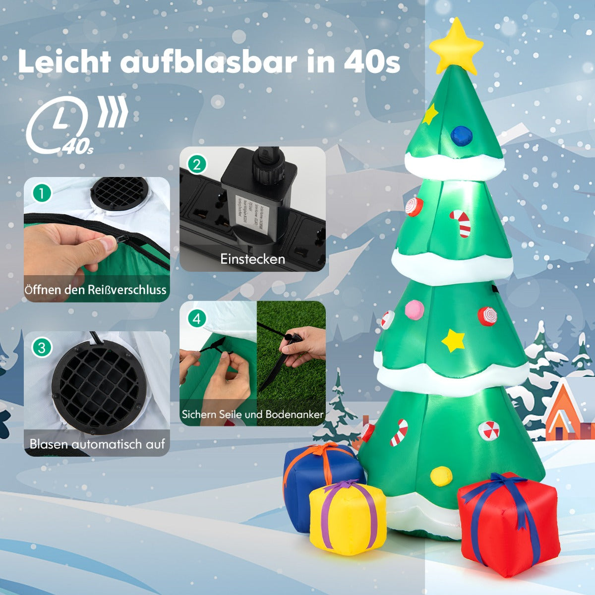 Uppblåsbar – julgran med presentask LED juldekoration – 180 cm – Grön