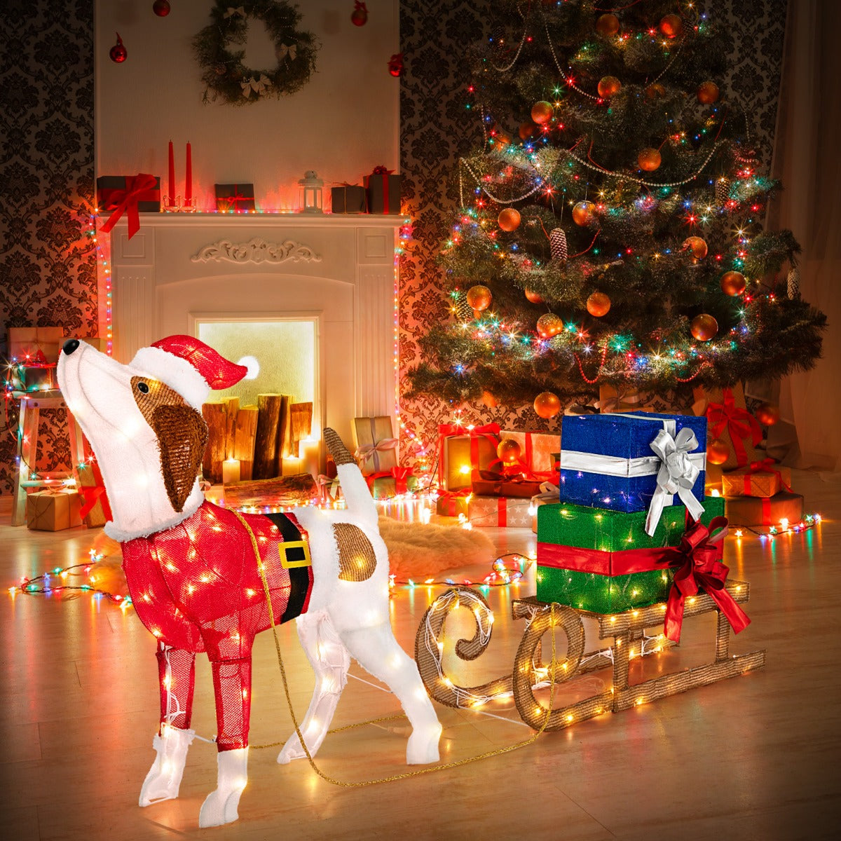 Hund – med släde och presentaskar Juldekoration varma LED lampor – 170 – Röd