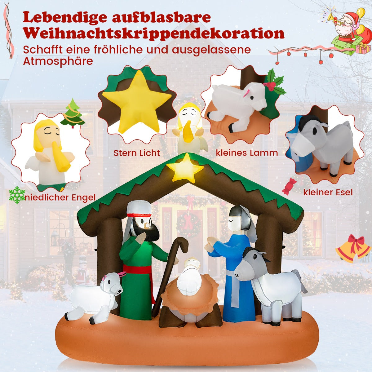 Hög – uppblåsbar juldekoration reenactment av Jesu födelse med LED lampor – 180 cm – Färgglad