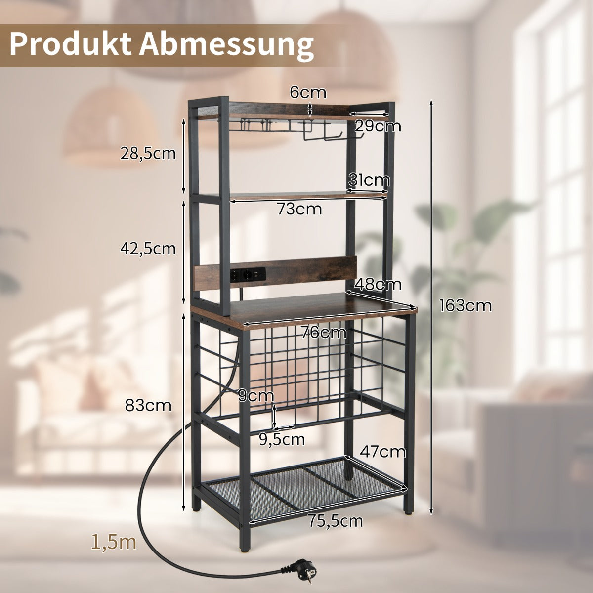 Vinbarsskåp – industriellt vinställ med nivåer av glashållare vintage – 4 76 x 48 x 162,5 cm – Rustik brun