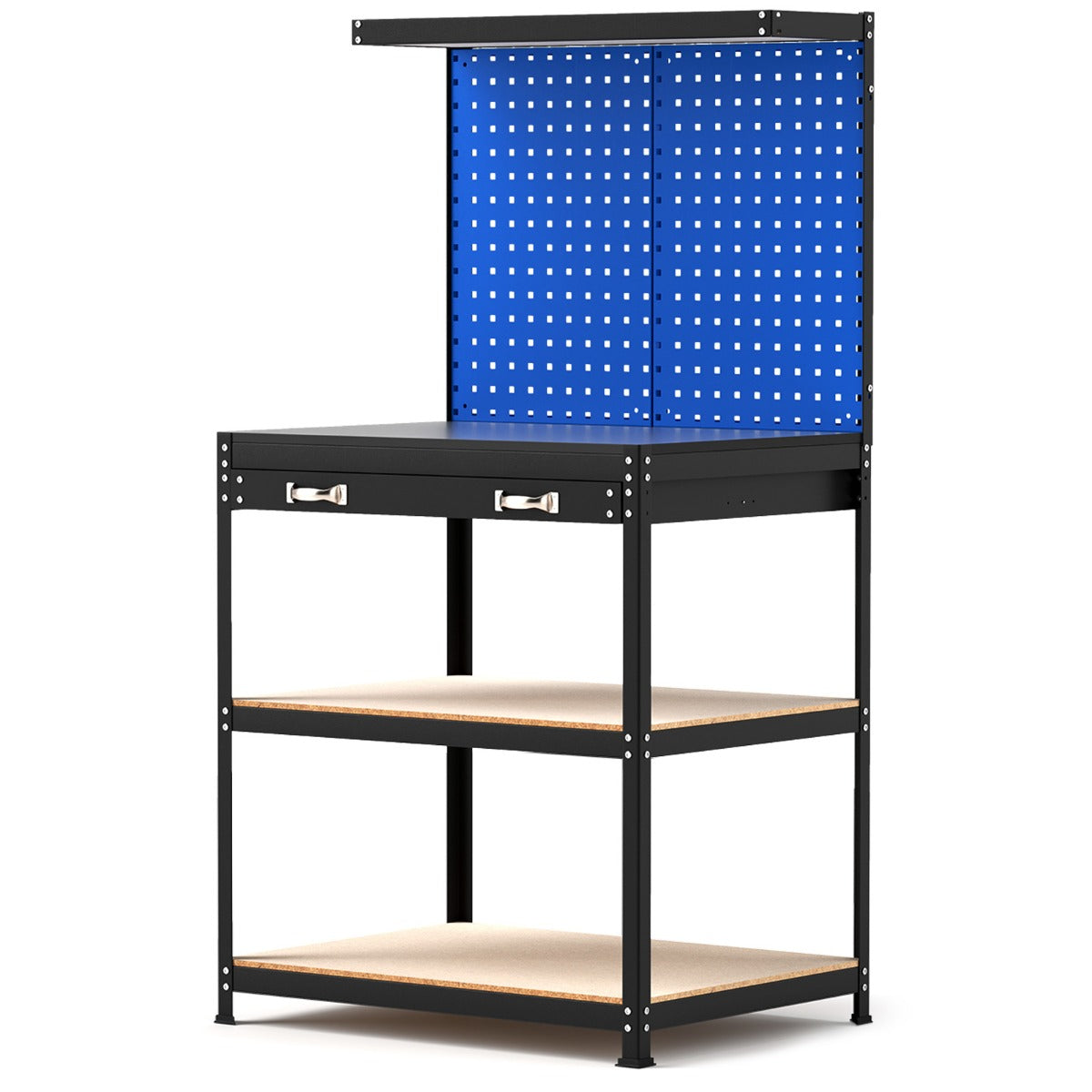 Arbetsbänk – lastkapacitet arbetsbord med perforerad vägg och lådor hyllor – 81 x 41 cm 225 kg – Blå