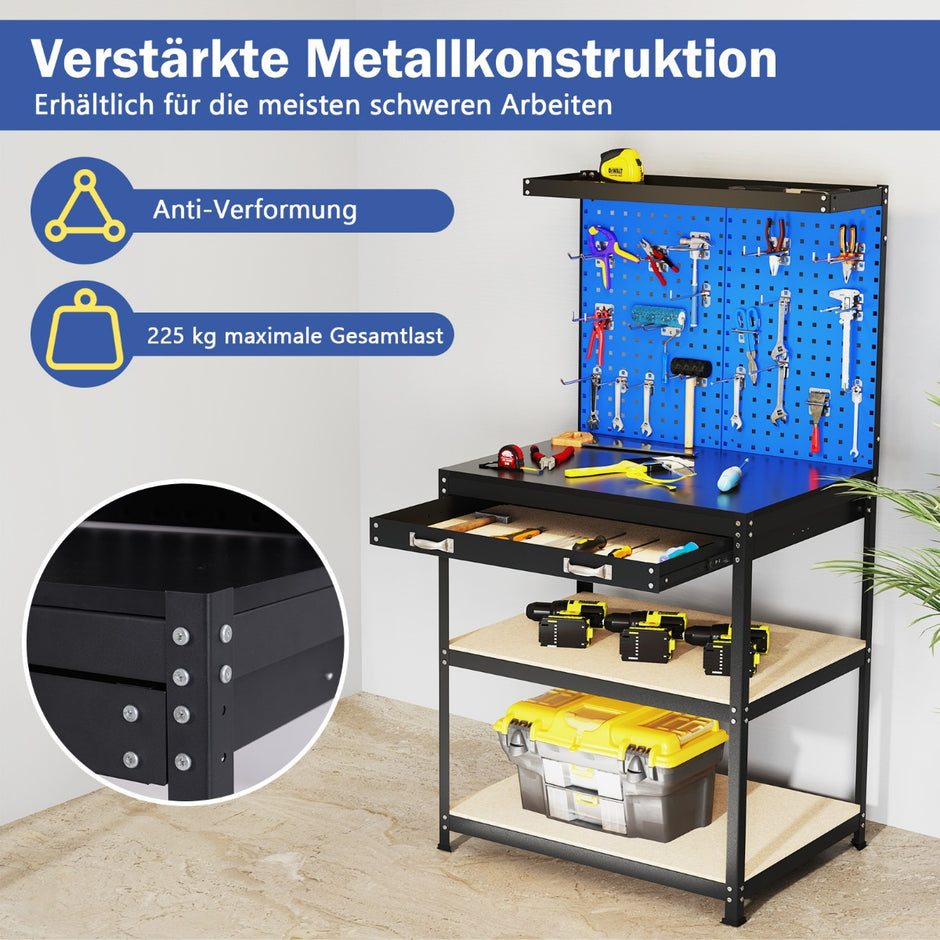 Arbetsbänk – lastkapacitet arbetsbord med perforerad vägg och lådor hyllor – 81 x 41 cm 225 kg – Blå