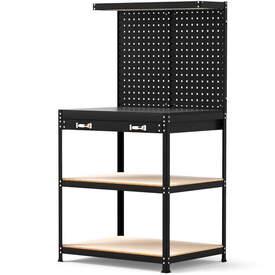 Arbetsbänk – lastkapacitet arbetsbord med perforerad vägg och lådor hyllor – 81 x 41 cm 225 kg – Svart