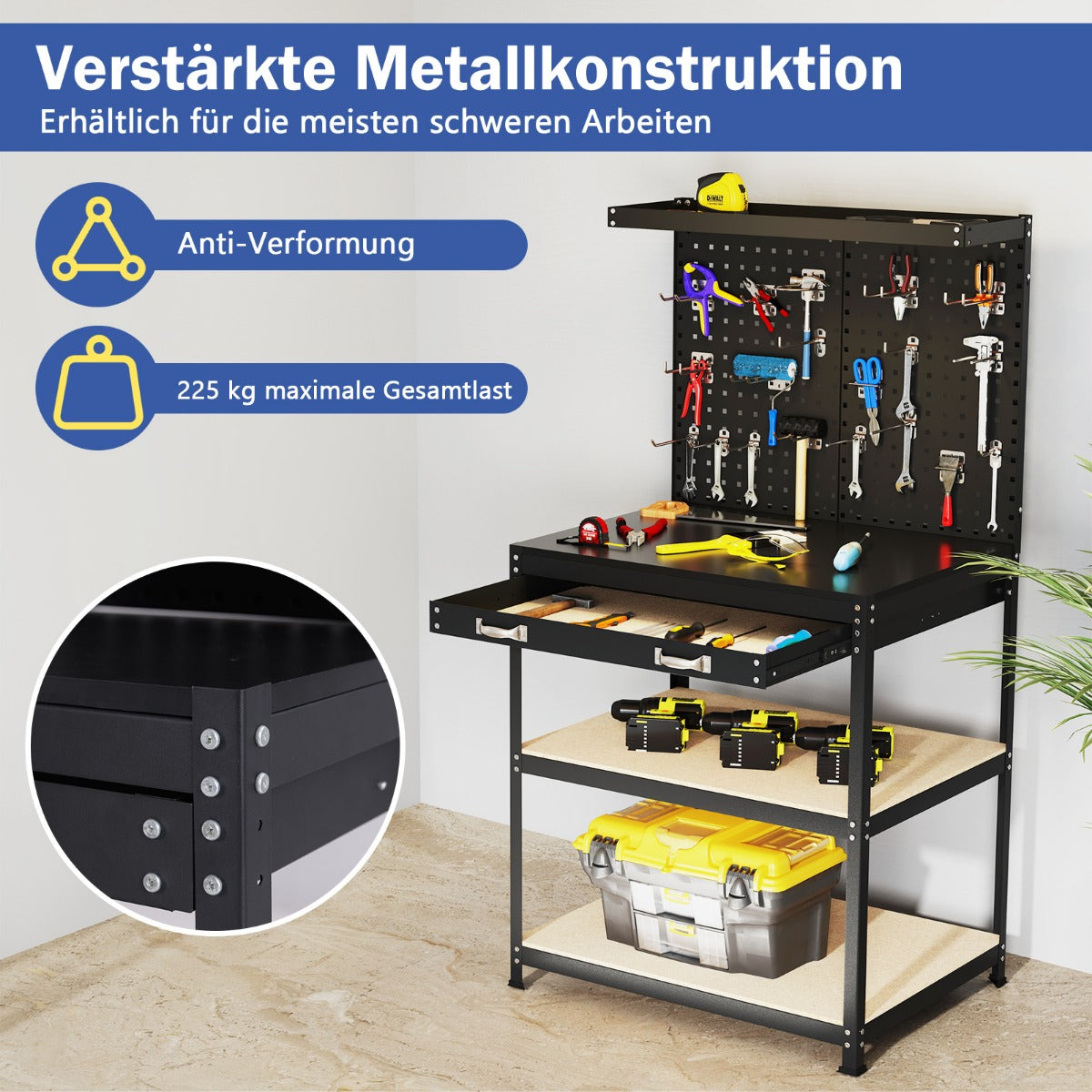 Arbetsbänk – lastkapacitet arbetsbord med perforerad vägg och lådor hyllor – 81 x 41 cm 225 kg – Svart