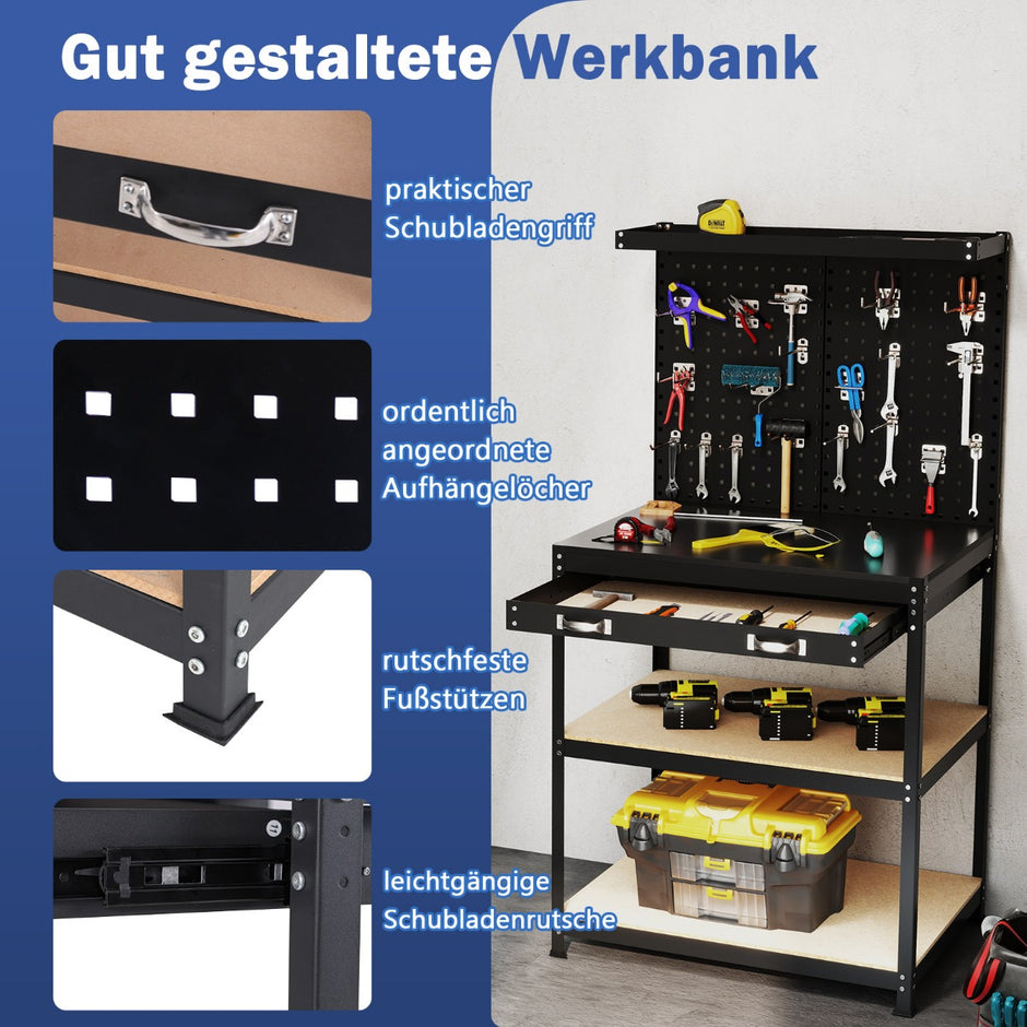 Arbetsbänk – lastkapacitet arbetsbord med perforerad vägg och lådor hyllor – 81 x 41 cm 225 kg – Svart