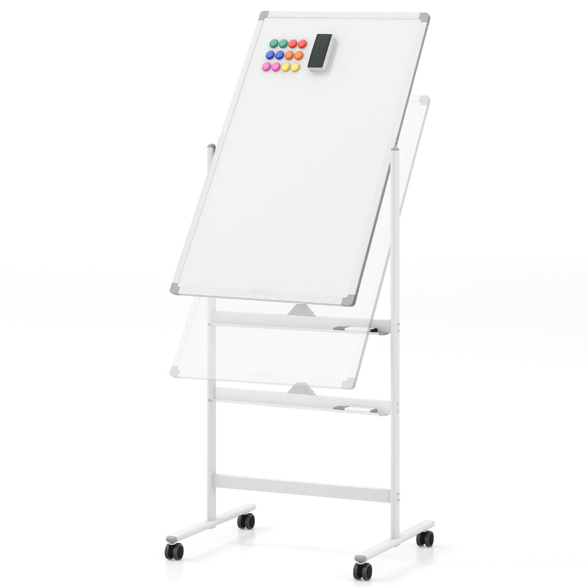 Dubbelsidig – mobil whiteboardtavla med pennfack och tillbehör för skolkontoret – 60 x 90 cm – Vit