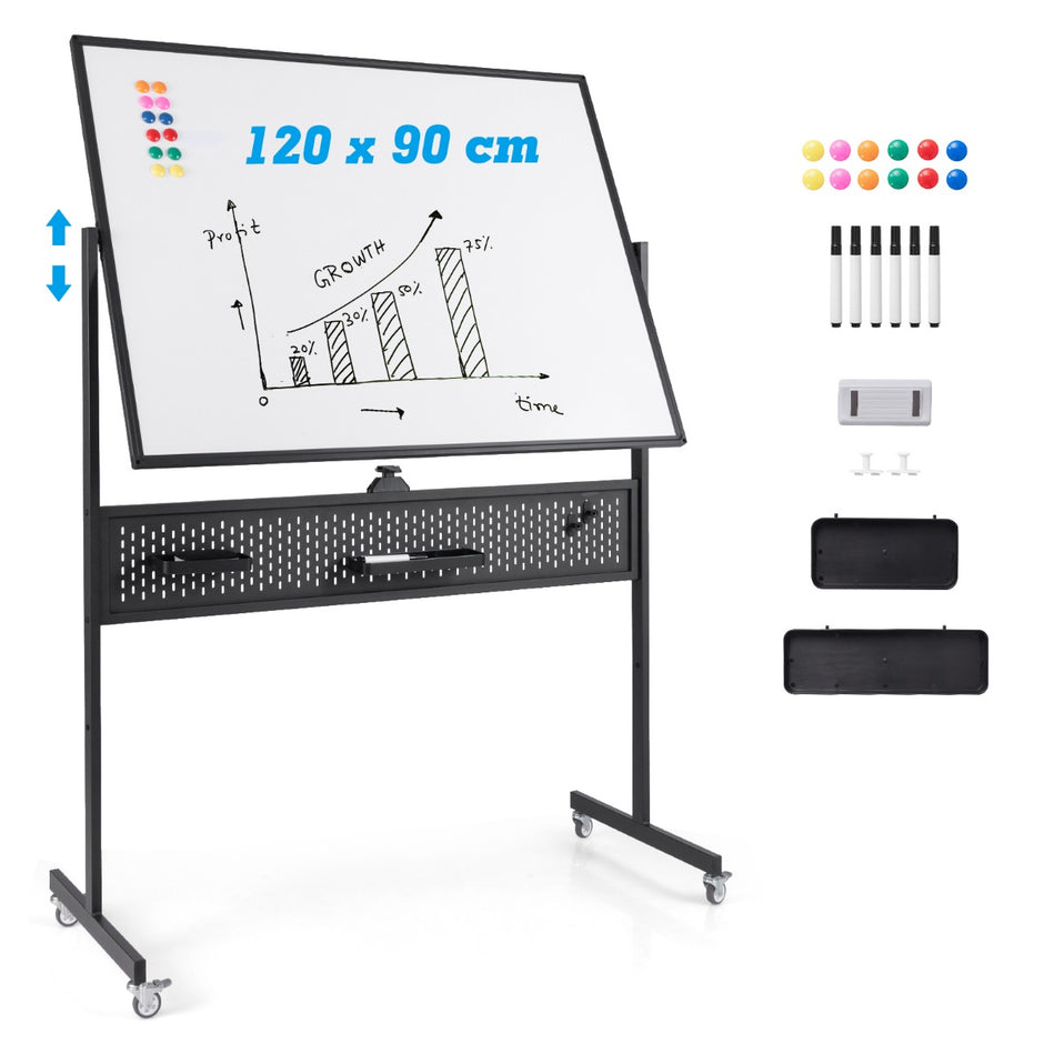 Dubbelsidig – mobil whiteboardtavla med Pegboard och Hjul Stativ – 120 x 90 cm – Svart