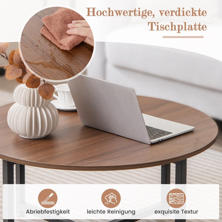 Set – med soffbord robust metallram, runt och fyrkantiga sidobord – 3 2 – Brun
