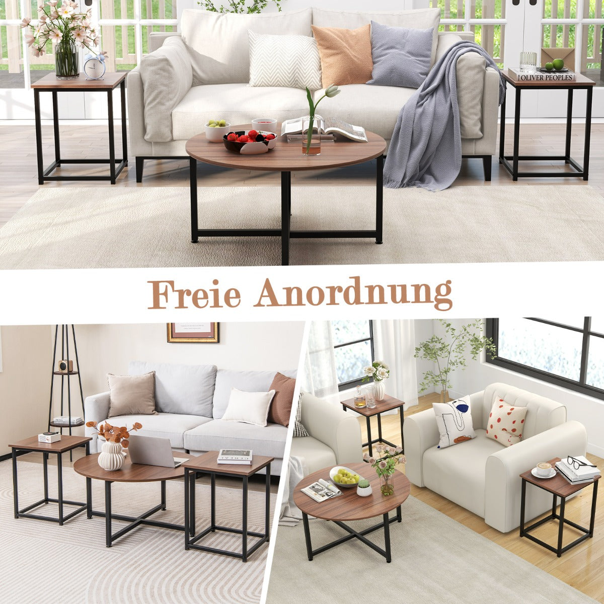 Set – med soffbord robust metallram, runt och fyrkantiga sidobord – 3 2 – Brun