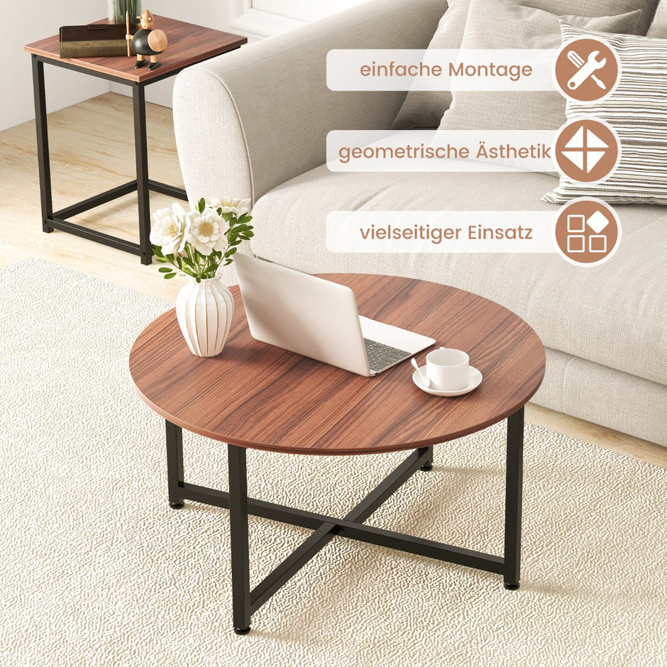 Set – med soffbord robust metallram, runt och fyrkantiga sidobord – 3 2 – Brun