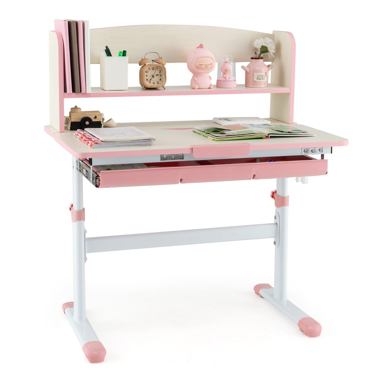 Höjdjusterbart – skrivbord med fällbar bordsskiva och låda hylla barnstudiebord – Rosa