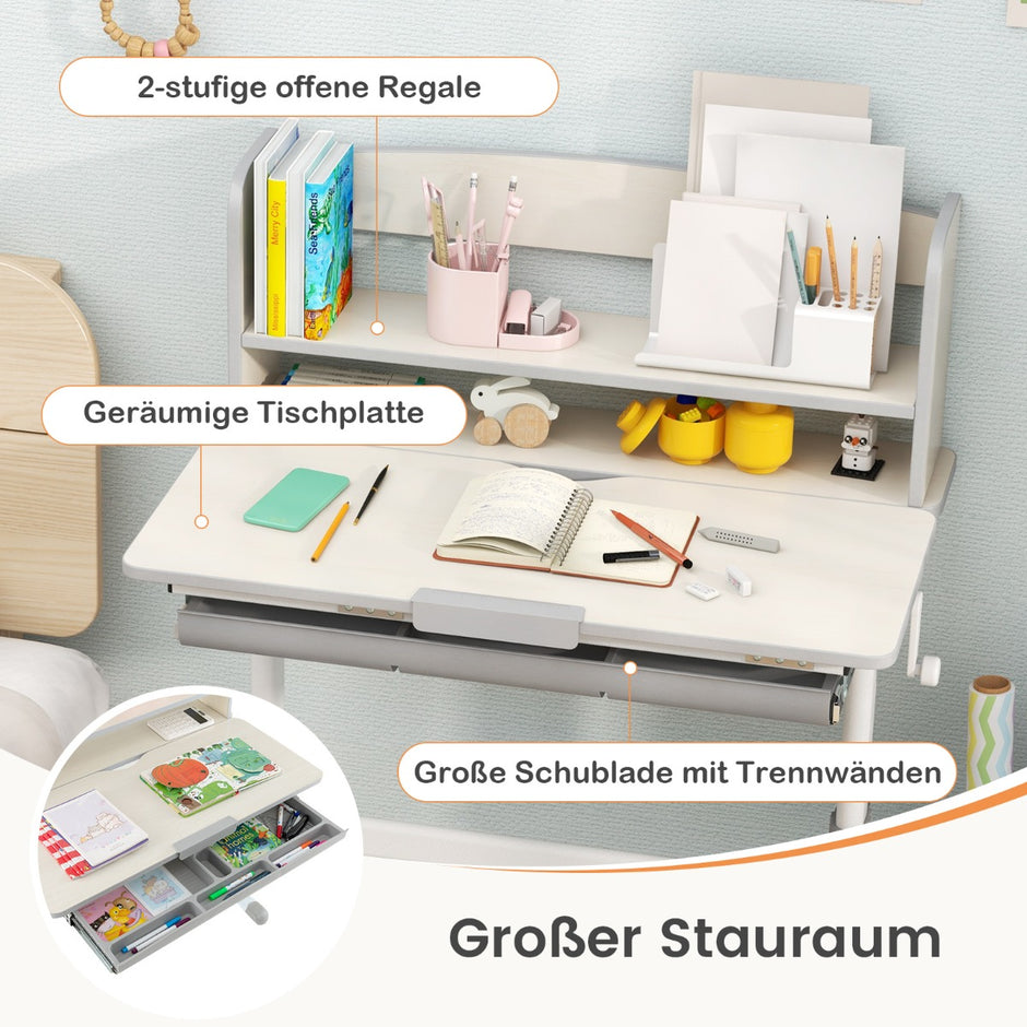 Höjdjusterbart – skrivbord med fällbar bordsskiva och låda hylla barnstudiebord – Grå